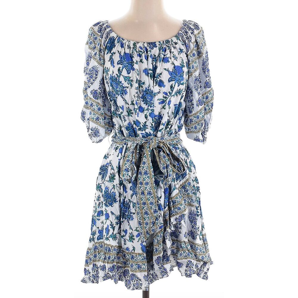 Nicole Miller Blue Floral Peasant Mini Dress LARGE Cottage Ruffle Designer $200 - Picture 6 of 6